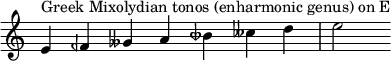  {
\override Score.TimeSignature #'stencil = ##f
\relative c' { 
  \clef treble \time 7/4
  e4^\markup { Greek Mixolydian tonos (enharmonic genus) on E } feh geses a beseh ceses d e2
} }
