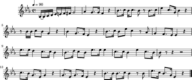 
X:1
L:1/8
Q:1/4=90
M:4/4
I:linebreak $
K:Eb
V:1
 B,/-B,/C/D/ E/=E/F/^F/ G4 | A2 G>G F2 z2 | B>c B<c B z B>c | e2 c>G B2 z2 | z B/B/ cB G2 z2 | %5
 B2 G>F E2 z2 | B>c Be c2 z A | G2 F>E E2 z2 | e>e d2 c>c B2 | B>d cB e>e e2 |  c3/2c/ B2 e2 c>B | %11
 B z z2 z4 | c>B G>E G2 z2 | G>E G>F E2 z2 | B>B B>c B2 z B | e>c B>G E2 z2 |] %16