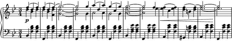 
 \relative c' {
  \new PianoStaff <<
   \new Staff { \key g \minor \time 3/4
    \set Score.tempoHideNote = ##t
     \tempo "" 2. = 64
    <<
   {
      f'( d f) f( d f)( g2.~) g2 g4 a( d, a') g( c, g') g2.~ g2 f4 s\< s s s s s g2.~ g2\!
   }
    \\
   {
     d4 bes d d bes <d f,> <g, d'>2.~ <g d'>2 g4 a2 a4 g2 g4 <a ees'>2.~ <a ees'>2 ees'4 <ees f>^( c <ees f>) <d f>^( b <d f>)^( ees2.~) ees
   }
    >>
   }
   \new Dynamics {
    s\p
      }
   \new Staff { \key g \minor \time 3/4 \clef bass
      bes,,4 <f' bes d> <f bes d> f, <f' bes d> <f bes d> bes, <f' bes d> <f bes d> f, <f' bes d> <f bes d> bes, <f' bes d> <f bes d> f, <f' bes d> <f bes d> bes, <f' a ees'> <f a ees'> f, <f' a ees'> <f a ees'> a, <f' c' ees> <f c' ees> gis,4 <f' b d> <f b d> a, <f' c' ees> <f c' ees> f, <f' c' ees> <f c' ees>
   }
  >>
 }
