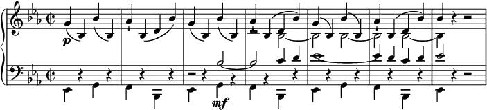 
{ \new PianoStaff <<
  \new Staff <<
  \new Voice \relative g' { \set Score.tempoHideNote = ##t \tempo 2 = 60
  \clef "treble" \key es \major \stemUp \set Staff.midiInstrument = #"piano" \time 2/2 | % 1
  g4 \p ( bes,4 ) bes'4 ( bes,4 ) | % 2
  as'4 -! bes,4 ( d4 bes'4 ) | % 3
  g4 ( bes,4 ) bes'4 ( bes,4 ) | % 4
  as'4 -! bes,4 ^( d4 bes'4 ) | % 5
  g4 ^( bes,4 ) bes'4 ^( bes,4 ) | % 6
  as'4 -! bes,4 ^( d4 bes'4 ) | % 7
  bes4 r4 r2 }
  \relative bes {
  \clef "treble" \key es \major \stemDown \time 2/2 | % 1
  s1*3 | % 4
  r2 bes2 _~ | % 5
  bes2 bes2 _~ | % 6
  bes2 bes2 _~ | % 7
  bes4 s4 s2 } >>
  \new Staff <<
  \new Voice \relative es, { \set Staff.midiInstrument = #"piano"
  \clef "bass" \key es \major \stemDown \time 2/2
  es4 r4 g4 r4 | % 2
  f4 r4 bes,4 r4 | % 3
  es4 r4 g4 \mf r4 | % 4
  f4 r4 bes,4 r4 | % 5
  es4 r4 g4 r4 | % 6
  f4 r4 bes,4 r4 | % 7
  es4 r4 r2 }
  \relative bes {
  \clef "bass" \key es \major \stemUp \time 2/2
  s2*4 | % 3
  r2 bes2 ~ | % 4
  bes2 c4 d4 | % 5
  es1 ~ | % 6
  es4 d4 c4 d4 | % 7
  es2 s4 s4 } >>
>> }
