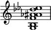  {
\override Score.TimeSignature #'stencil = ##f
\relative c' {
   \clef treble
   \time 4/4
   \key c \major
   \textLengthOn
   <g b f' aes ais des es>1
} }
