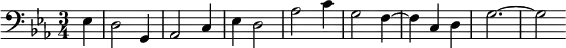  \relative c { \clef bass \key ees \major \time 3/4 \partial 4*1 ees | d2 g,4 | aes2 c4 | ees d2 | aes' c4 | g2 f4~ | f c d | g2.~ | g2 } 