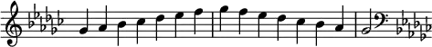   {
\omit Score.TimeSignature \relative c'' {
  \key ges \major \time 7/4 ges aes bes ces des es f ges f es des ces bes aes ges2
  \clef F \key ges \major
} }

