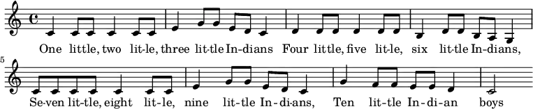 
\relative c' { \set Score.tempoHideNote = ##t \tempo 4 = 120 \key c \major \time 4/4 
c4 c8 c8 c4 c8 c8 | e4 g8 g8 e8 d8 c4 | d4 d8 d8 d4 d8 d8 | b4 d8 d8 b8 a8 g4 | c8 c8 c8 c8 c4 c8 c8 | e4 g8 g8 e8 d8 c4  | g'4 f8 f8 e8 e8 d4 c2|
 }
\addlyrics {
One lit -- tle, two lit -- le, three lit -- tle In -- di -- ans
Four lit -- tle, five lit -- le, six lit -- tle In -- di -- ans,
Se -- ven lit -- tle, eight lit -- le, nine lit -- tle In -- di -- ans,
Ten lit -- tle In -- di -- an boys }
