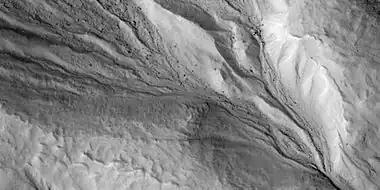 Close view of gully alcove, as seen by HiRISE under HiWish program Note this is an enlargement of a previous image.