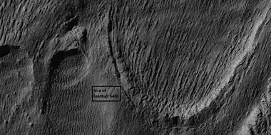 Close view of snout of glacier, as seen by HiRISE under the HiWish program High center polygons are visible.  Box shows size of football field.