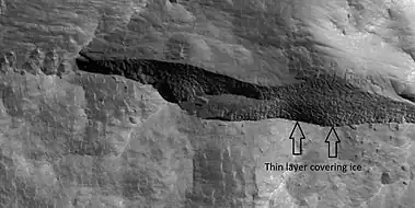 Close view of depression, as seen by HiRISE under HiWish program   Arrows indicate where there is a very thin, 1-2 meter covering on what is believed to be ice.