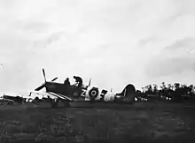 Black and white photo of World War II-era single-engined monoplane aircraft in a field. The fuselage and wings of the aircraft are marked with vertical black and white stripes.