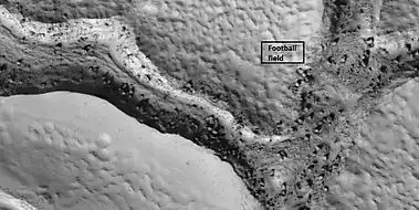 Close view of fractured ground, as seen by HiRISE under HiWish program Box shows size of football field.  The boulders are the size of houses.