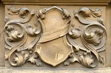 Gothic Revival cartouche with rinceaux of Strada Temișana no. 4, Bucharest, unknown architect, c.1900