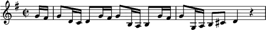 
\relative c'' {

   \set Staff.midiInstrument = #"violin"
   \clef treble
   \time 2/2
   \key g \major
   \set Score.tempoHideNote = ##t \tempo 4 = 96

   \partial8 g16 fis 16
   g8[ d16 c] d8[ g16 fis] g8[ b,16 a] b8[ g'16 fis]
   g8[ g,16 a] b8[ cis] d4 r
} 