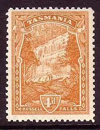 4 pence stamp from 1889 depicting Russell Falls