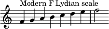  {
\override Score.TimeSignature #'stencil = ##f
\relative c' { 
  \clef treble \time 7/4
  f4^\markup { Modern F Lydian scale } g a b c d e f2
} }
