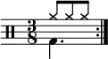 
    \new Staff <<
       \new voice \relative c' {
           \clef percussion
           \numericTimeSignature
           \time 3/8
           \set Score.tempoHideNote = ##t \tempo 4. = 80
           \stemDown \repeat volta 2 { g4. }
       }
       \new voice \relative c'' {
           \override NoteHead.style = #'cross
           \stemUp \repeat volta 2 { a8 a a }
       }
   >>