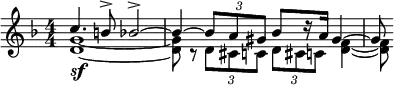  \relative c'' { \clef treble \key d \minor \numericTimeSignature \time 4/4 \set Staff.midiInstrument = #"french horn" << { c4. b8-> bes2->~ | bes4~ \times 2/3 { bes8 a gis } bes8[ r16 a] gis4~ | gis8 } \\ { <g d>1~\sf | <g d>8 r \times 2/3 { d8 cis c } \times 2/3 { d cis c } <f d>4~ | <f d>8 } >> } \midi{\tempo 4 = 88} 