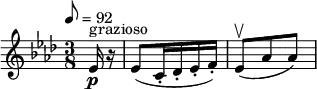 
  \relative c' { \clef treble \time 3/8 \key aes \major \tempo 8 = 92 \partial 8*1 ees16^"grazioso"\p r | ees8( c16-. des-. ees-. f-.) | ees8(\upbow aes aes)}
