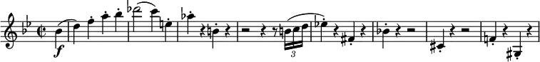 
\relative c'' {
 \key g \minor
 \time 2/2
 \set Staff.midiInstrument = #"violin"
 \set Score.tempoHideNote = ##t \tempo 2 = 120
 \partial 4 bes\f( |
 d4) f-. a-. bes-. |
 des2( c4) e,-. |
 as4-. r b,-. r |
 r2 r4 r8 \times 2/3 { b16( c d } |
 es!4-.) r fis,-. r |
 bes!4-. r r2 |
 cis,4-. r r2 |
 f!4-. r gis,-. r |
}
