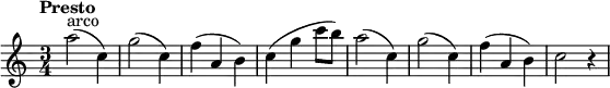 
\new Staff {
  \time 3/4
  \tempo Presto 4. = 200
  \set Score.tempoHideNote = ##t
  |
  a''2^"arco"(
  c''4)
  |
  g''2(
  c''4)
  |
  f''4(
  a'4
  b'4)
  |
  c''4(
  g''4
  c'''8[
  b''8])
  |
  a''2(
  c''4)
  |
  g''2(
  c''4)
  |
  f''4(
  a'4
  b'4)
  |
  c''2
  r4
}
