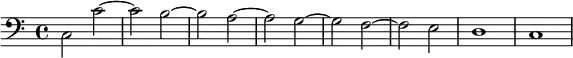 
   {
        \new Staff <<
            \new Voice \relative c' {
                \stemDown \clef bass \key c \major \time 4/4 \tempo 1 = 60 \set Score.tempoHideNote = ##t
                c,2 c'~ c b~ b a~ a g~ g f~ f e d1 c
                }
            >>
     }
