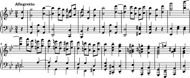 
    { \new PianoStaff <<
        \new Staff <<
            \set Staff.midiInstrument = "string ensemble 1"
            \clef treble
            \key g \minor 
            \time 3/4 
            \tempo "Allegretto" \tempo 4 = 160
            \new voice \relative c' {
                \partial 4 <d d'>4
                <g g'>2 <bes~ bes'~>4
                <bes bes'>4 <a a'>8[ <g g'>] \stemUp <fis fis'>[ <a a'>]
                <g g'>4 \stemNeutral <d d'> <g g'>
                <bes bes'>2 <d~ d'~>4
                <d d'> <c c'>8[ <bes bes'>] <a a'>[ <c c'>]
                <bes bes'>4 <g g'> <d' d'>
                <g g'>2 <bes~ bes'~>4 \break

                <bes bes'> <a a'>8[ <f f'>] <e e'>[ <g g'>]
                <f f'>4 <e e'>8[ <d d'>] <cis cis'>[ <e e'>]
                <d d'>4 <c! c'!>8[ <bes bes'>] <a a'>[ <c c'>]
                <bes bes'>4 <bes es bes'>-. <a f' a>-.
                <gis b! gis'>-. <g cis g'>-. <f d' f>-.
                \stemUp es'^( g!) cis,
                d
            }
            \new Voice \relative c'' {
                s4
                s2.
                s2 \stemDown d4
                d s2
                s2.
                s2.
                s2.
                s2.
                s2.
                s2.
                s2.
                s2.
                s2.
                <es, g bes>2 <g a>4
                <f a>
            }
        >>
        \new voice \new Staff <<
            \set Staff.midiInstrument = "string ensemble 1"
            \clef bass
            \key g \minor 
            \relative c {
                \time 3/4
                \partial 4 r4
                <g g'> <bes bes'> <g g'>
                <d d'>2 <c c'>4
                <bes bes'> r r
                <g' g'> <bes bes'> <g g'>
                <d d'>2 <fis d' fis>4
                <g d' g> r r
                <es es'> <es' g> <d f>
                \stemUp e2 a4^~
                a bes^\staccato g^\staccato
                f^\staccato g^\staccato d^\staccato
                \stemNeutral <g, d' g>-. <cis, cis'>-. <d d'>-.
                <es es'>-. <a, a'>-. <bes bes'>-.
                <g g'> <es es'> <a a'>
                <d d'>
             }
            \new Voice \relative c {
                s4
                s2.
                s2.
                s2.
                s2.
                s2.
                s2.
                s2.
                \stemDown cis2.
                d4_. g,_. a_.
                bes_. es,_. fis_.
            }
        >>
    >> }
