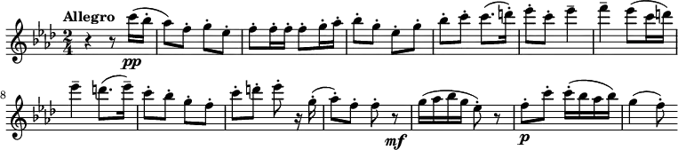 
\header{
   title = "Seventeen Come Sunday"
}
\relative c'''
 {
  \key f \minor
    \time 2/4 \set Score.tempoHideNote = ##t \tempo "Allegro" 4 = 120
       r4 r8 c16\pp (bes16-.  aes8) f8-. g8-. es8-. f8-. f16-. f16-. f8-.
      g16-. aes16-.  bes8-. g8-. es8-. g8-.  bes8-. c8-. c8. (d16-.) es8-. c8-. es4--
      f4-- es8 (c16 d16)
      es4-- d8. (es16--) c8-. bes8-. g8-. f8-. c'8-. d8-.
      es8-. r16 g,16-. (aes8-.) f8-. f8-. r8\mf g16 (aes16 bes16 g16 es8-.) r8 f8-.\p c'8-. c16-. (bes16 aes16 bes16) g4 (f8-.)
  }
  