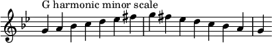  {
\omit Score.TimeSignature \relative c'' {
  \key g \minor \time 7/4 g^"G harmonic minor scale" a bes c d es fis g fis es d c bes a g
} }
