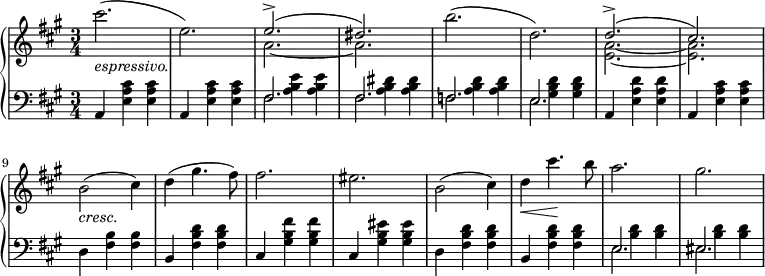 
 \relative c' {
  \new PianoStaff <<
   \new Staff { \key fis \minor \time 3/4
    \set Score.tempoHideNote = ##t
     \tempo "" 2. = 64
   { cis''2._\markup { \italic espressivo. }( e,) }
        <<
   {\voiceOne e2.->( dis2.)}
    \new Voice
   {\voiceTwo a2.~ a2.}
        >>
\oneVoice b'2.( d,2.)
        <<
   {\voiceOne d2.->( cis)}
    \new Voice
   {\voiceTwo <a e>~ <a e>}
        >>
\oneVoice b2_\markup { \italic cresc. }( cis4) d( gis4. fis8) fis2. eis b2( cis4) d\< cis'4.\! b8 a2. gis
   }
   \new Dynamics {}
   \new Staff { \key fis \minor \time 3/4 \clef bass
    {a,,,4 <e' a cis> <e a cis> a,4 <e' a cis> <e a cis>}
<<
{\stemDown s4 <a b e> <a b e> s <a b dis> <a b dis> s <a b d> <a b d> s <gis b d> <gis b d> }
\\
{fis2. fis f e}
\\
{fis2. fis f e}
>>
{a,4 <e' a d> <e a d> a,4 <e' a cis> <e a cis> d <fis b> <fis b> b, <fis' b d> <fis b d> cis <gis' b fis'> <gis b fis'> cis, <gis' b eis> <gis b eis> d <fis b d> <fis b d> b, <fis' b d> <fis b d> }
<<
{\stemDown s4 <b d> <b d> s <b d> <b d>}
\\
{e,2. eis2.}
\\
{e2. eis2.}
>>
}
  >>
 }
