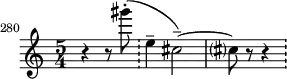  \relative c'''' {
    \set Score.tempoHideNote = ##t
    \tempo 4 = 144
    \set Score.currentBarNumber = #280
    \bar ""
    \set Staff.midiInstrument = #"flute"
    \time 5/4 r r8 gis8-.( \bar "!"
    e,4-- cis2--)~ cis?8 r8 r4 \bar "!"
  }
