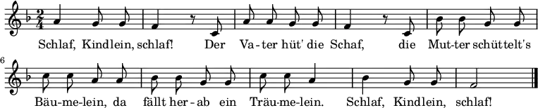 
\relative c'' { \set Staff.midiInstrument = #"flute" \set Score.tempoHideNote = ##t \tempo 4 = 60 \autoBeamOff \key f \major \time 2/4
                a4 g8 g8 | f4 r8 c8
                a'8 a8 g8 g8 | f4 r8 c8 | bes'8 bes8 g8 g8|
                c8 c8 a8 a8 | bes8 bes8 g8 g8 |
                c8 c8 a4 | bes4 g8 g8 | f2 \bar"|."              
}
\addlyrics {
Schlaf, Kind -- lein, schlaf! Der 
Va -- ter hüt' die Schaf, die Mut -- ter schüt -- telt's
Bäu -- me -- lein, da fällt her -- ab ein
Träu -- me -- lein. Schlaf, Kind -- lein, schlaf!
}
