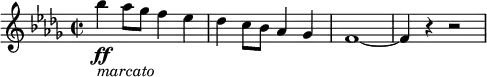 
{ \new PianoStaff <<
\new Staff \relative bes'' { \set Staff.midiInstrument = #"piano" \key bes \minor \clef treble \time 2/2 \set Score.tempoHideNote = ##t \tempo 2 = 65
  bes4 \ff _\markup{ \italic {marcato} } as8 ges8 f4 es4 | % 2
  des4 c8 bes8 as4 ges4 | % 3
  f1 ~ | % 4
  f4 r4 r2
  }
>> }
