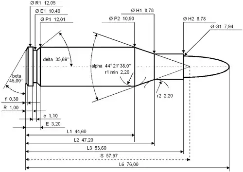 7.65×53mm Mauser maximum C.I.P. cartridge dimensions. All sizes in millimeters (mm).