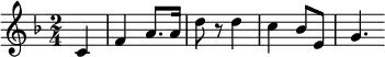 
\relative c' { 
  \set Staff.midiInstrument = #"piano"
  \key f \major
  \time 2/4
   \partial 4 c f4 a8. a16 d8 r8 d4 c4 bes8 e, g4.
}
