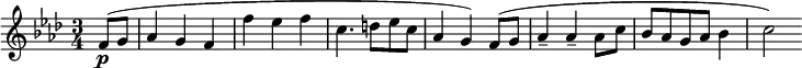 
\relative c'{ \time 3/4 \key f\minor \set Score.tempoHideNote=##t \tempo 4=86 \set Staff.midiInstrument = #"oboe" \partial 4 f8\p (g8 aes4 g4 f4 f'4 es4 f4 c4. d8 es8 c8 aes4 g4) f8 (g8 aes4-- aes4-- aes8 c8 bes8 aes8 g8 aes8 bes4 c2)}

