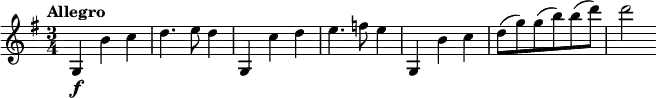 
\relative c' {
  \tempo "Allegro"
  \key g \major
  \time 3/4
  g4\f b' c |
  d4. e8 d4 |
  g,,4 c' d |
  e4. f8 e4 |
  g,,4 b' c |
  d8( g) g( b) b( d) |
  d2
}
