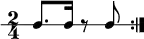 
\new RhythmicStaff {
   \clef percussion
   \time 2/4 \set Staff.midiInstrument = #"woodblock"
   \repeat volta 2 { c8. c16 r8 c }
}
