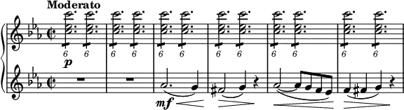 
{ \new PianoStaff <<
\new Staff \relative c'' { \set Staff.midiInstrument = #"piano" \key c \minor \clef treble \time 2/2 \set Score.tempoHideNote = ##t \tempo "Moderato" 2 = 60
  \times 4/6  {
    <c es c'>2. \p :8
  }
  \times 4/6  {
    <c es c'>2. :8
  }
  | % 2
  \times 4/6  {
    <c es c'>2. :8
  }
  \times 4/6  {
    <c es c'>2. :8
  }
  | % 3
  \times 4/6  {
    <c es c'>2. :8
  }
  \times 4/6  {
    <c es c'>2. :8
  }
  | % 4
  \times 4/6  {
    <c es c'>2. :8
  }
  \times 4/6  {
    <c es c'>2. :8
  }
  | % 5
  \times 4/6  {
    <c es c'>2. :8
  }
  \times 4/6  {
    <c es c'>2. :8
  }
  | % 6
  \times 4/6  {
    <c es c'>2. :8
  }
  \times 4/6  {
    <c es c'>2. :8
  }
  }
\new Staff \relative as' { \set Staff.midiInstrument = #"piano" \key c \minor \clef treble \time 2/2
  R1*2 | % 3
  as2. \mf \< ( g4 ) | % 4
  fis2 \! \> ( g4 ) r4 \! | % 5
  as2 \< ( ~ as8 g8 f8 es8 ) | % 6
  f4 \! \> ( fis4 g4 ) r4 \! }
>> }
