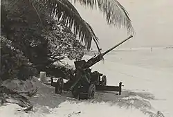 Image 1540mm antiaircraft gun from the United States Marine Corps' 2d Airdrome Battalion defending the LST offload at Nukufetau on August 28, 1943. (from History of Tuvalu)