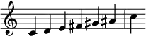  {
\override Score.TimeSignature #'stencil = ##f
\relative c' {
  \clef treble \time 6/4
  c4 d e fis gis ais c
} }
