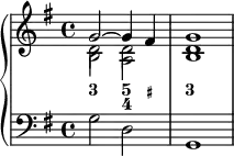 
    {
      \new PianoStaff <<
        \new Staff <<
            \new Voice \relative c'' {
                 \clef treble \key g \major \time 4/4 \tempo 2 = 60 \set Score.tempoHideNote = ##t
              << { g2~ g4 fis } \\ { d2 d } \\ \\ { s2 \once \override NoteColumn.force-hshift = 0 a2 } \once \override NoteColumn.force-hshift = 0 b2 >> |
              < b d g >1 |
                }
                \new FiguredBass {
                    \figuremode {
                     <3>2 <5 4>4 <_+> <3>1
    }
  }
            >>
        \new Staff <<
            \new Voice \relative c' {
                \stemDown \clef bass \key g \major \time 4/4
                g2 d g,1
                }
            >>
    >> }
