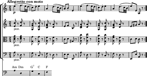  { <<
 \new ChoirStaff <<
  \relative c' { \magnifyStaff #3/4 \set Staff.midiInstrument = #"violin" \p
   \set Score.tempoHideNote = ##t \tempo 4 = 60 \time 2/4
   \mark \markup { \abs-fontsize #10 { \bold { Allegretto con moto} } }
    \repeat volta 2 { 
    e'4( f8. e32 d | c8) d-. e4 | a, d8.( c32 b | a8) b-. e,4 |
    e'( f8. e32 d | c8) d-. e4 | a, d8.( c32 b | e8) e, a, r }
   }
  \relative c' { \magnifyStaff #3/4 \set Staff.midiInstrument = #"pizzicato strings" 
   \time 2/4
    <e c'>8_"pizz." r <f d'> r | <g, f' b> r <g e' c'> r | <c f a> r <d a'> r | e f b, r |
    <c e a> r <d a'> r | <g, f' b> r <g e' c'> r | <c f a> r <d a'> r | e gis a r |
   }
  \relative c' { \magnifyStaff #3/4 \set Staff.midiInstrument = #"pizzicato strings" 
   \clef C \time 2/4
    <c e a>8_"pizz." r <d f a> r | <g, g'> r <g g'> r | <a f'> r <a f'> r | c d gis, r |
    <a e' c'> r <a f' d'> r | <g d' b'> r <g e' c'> r | <a f' a> r <a f'> r | c d c r |
   }
  \relative c' { \magnifyStaff #3/4 \set Staff.midiInstrument = #"pizzicato strings" 
   \clef F \time 2/4
    a8_"pizz." r d, r | g r c, r | f r d r | e e e, r |
    a' r d, r | g r c, r | f r d r | e, e' a, r |
   }
 >> 
 \new Staff = "chords" \with {
      \omit TimeSignature
      \magnifyStaff #3/4
    } \relative c' 
 { \hide Staff.KeySignature \clef F
 { \hide Stem a8 s d, s g s c, s f s }} 
\addlyrics \with { alignAboveContext = "chords" \override VerticalAxisGroup.nonstaff-relatedstaff-spacing =
      #'((basic-distance . 3)) } { \override LyricText.font-size = #-2 Am Dm \markup{\concat{G\super{7}}} C F }
>>
 }
\layout { line-width = #150 }
