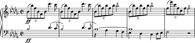 
{ \new PianoStaff <<
\new Staff \relative bes' { \set Staff.midiInstrument = #"piano" \key bes \minor \clef treble \time 2/2 \set Score.tempoHideNote = ##t \tempo 2 = 50
  \once \override TupletBracket #'stencil = ##f
  \times 4/6  {
    bes8 \ff ( bes'8 ) f8 bes,8 f8 bes8
  }
  des'4. c8 | % 2
  \once \override TupletBracket #'stencil = ##f
  \times 4/6  {
    bes,8 ( bes'8 ) f8 bes,8 f8 bes8
  }
  des'4. c8 | % 3
  \noBreak \once \override TupletBracket #'stencil = ##f
  \times 4/6  {
    bes,8 ( bes'8 ) f8 bes8 f8 bes8 \noBreak
  }
  bes2 ^^ | % 4
  \noBreak \once \override TupletBracket #'stencil = ##f
  \times 4/6  {
    bes,8 ( bes'8 ) f8 bes8 f8 bes8
  }
  bes2 ^^ | % 5
  \once \override TupletBracket #'stencil = ##f
  \times 4/6  {
    f8 ( f'8 ) c8 f,8 c8 f8
  }
  f2 ^^
  }
  \new Staff { \set Staff.midiInstrument = #"piano"
  <<
    \new Voice \relative bes {
  \clef "bass" \key bes \minor \stemUp \time 2/2
  bes2 des4. ^( c8 | % 2
  bes2 ) des4. ^( c8 | % 3
  bes1 ) ~ | % 4
  bes1 | % 5
  }
  \relative as {
  \clef "bass" \key bes \minor \stemDown \time 2/2 s1*2 \ff | % 3
  r4 as4 ges4 f4 | % 4
  es4 des4 c4 des8 es8 | % 5
  f2 r2 } >> }
>> }
