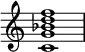 
{
\override Score.TimeSignature #'stencil = ##f
\relative c' {
   \clef treble
   \time 4/4
   \key c \major
   <c g' bes d f>1
} }
