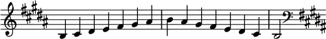  {
\omit Score.TimeSignature \relative c' {
  \key b \major \time 7/4 b cis dis e fis gis ais b ais gis fis e dis cis b2
  \clef F \key b \major } }