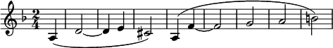 
  \relative c' { \clef treble \key d \minor \time 2/4 \partial 4*1 a4( d2~ d4 e cis2) a4( f'~ f2 g a b) }
