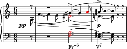 
    {
      \new PianoStaff <<
        \new Staff <<
            \new Voice \relative c'' {
                \clef treble \key a \minor \time 6/8
                \voiceOne \partial8 r8 R2. gis4.->(~ gis4 \once \override NoteHead.color = #red a8 ais8-> b4~ b8) r r
                }
            \new Voice \relative c' {
                \override DynamicLineSpanner.staff-padding = #4.5
                \once \override DynamicText.X-offset = #-5
                \voiceTwo \partial8 a\pp( f'4.~\< f4 e8 \once \override NoteHead.color = #red dis2.)(\> d!4.)~\p d8 r r
                }
            >>
        \new Staff <<
            \relative c {
                \clef bass \key a \minor \time 6/8
                \partial8 r8 R2. \once \override NoteHead.color = #red <f b>2.(_\markup { \concat { "Fr" \raise #1 \small "+6" \hspace #8 "V" \raise #1 \small "7" } } <e gis>4.)~ <e gis>8 r r
                }
            >>
    >> }
