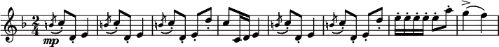 
{ \time 2/4
\key f \major
\relative c'' {
  \acciaccatura b8\mp( c-.) d,-. e4 |
  \acciaccatura b'8( c-.) d,-. e4 |
  \acciaccatura b'8( c-.) d,-. e-. d'-. |
  c c,16 d e4 | \acciaccatura b'8( c-.) d,-. e4 |
  \acciaccatura b'8( c_.) d,-. e-. d'-. |
  e16-. e-. e-. e-. e8-. a-. | g4->( f)
  }
}
