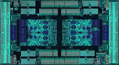 Die shot of the center die, after removal from processor package substrate and metallization etching.