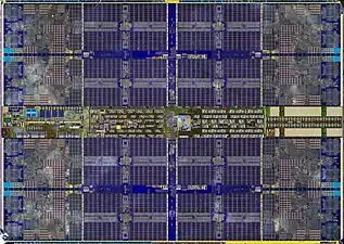 Die shot of one of the 8 other dies on the processor, after metallization etching.