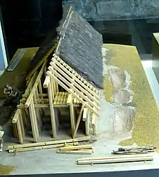 Reconstruction of a settlement of the Linear Pottery culture, 5th millennium BC, in the Archaeological Museum of Kelheim (Lower Bavaria, Germany)