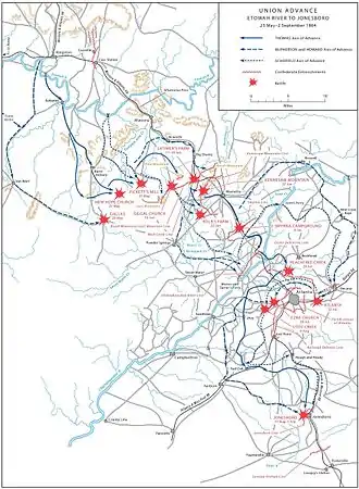 Map shows the Union advance from the Etowah River to Jonesboro.